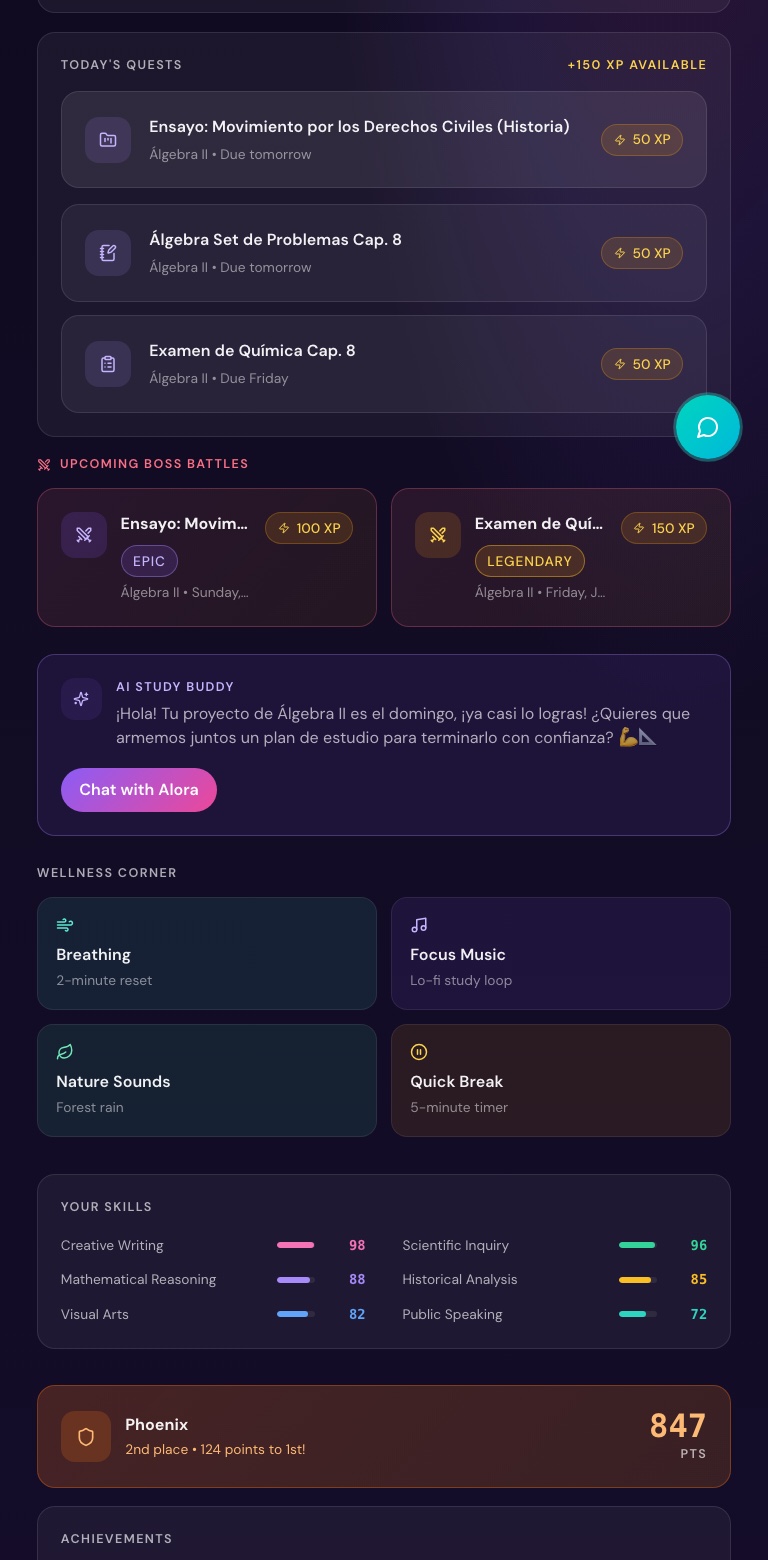 Student portal on mobile: greeting, level ring, streak, and today's quests